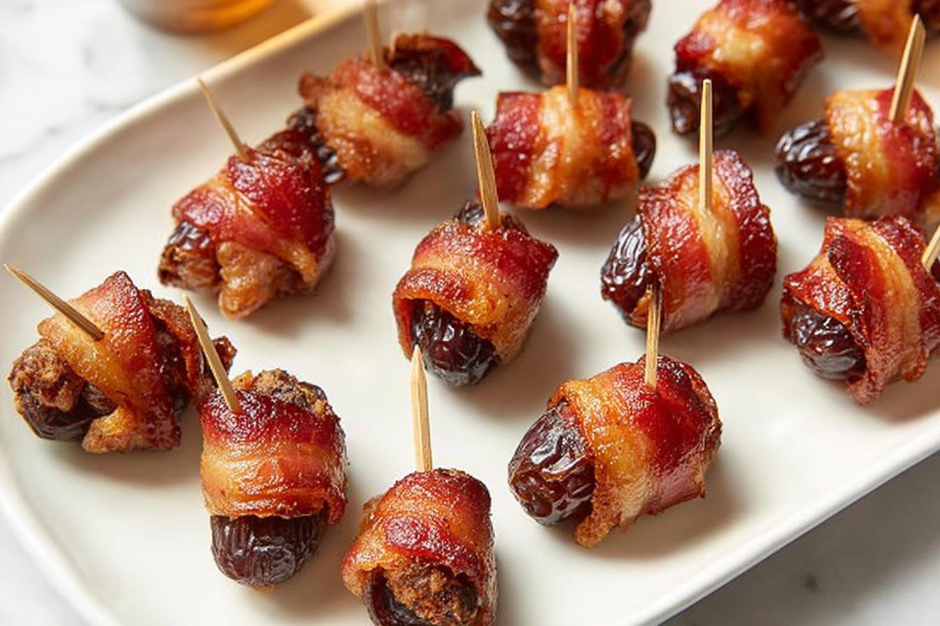 Sweet & Salty Bacon Wrapped Dates with Balsamic Glaze